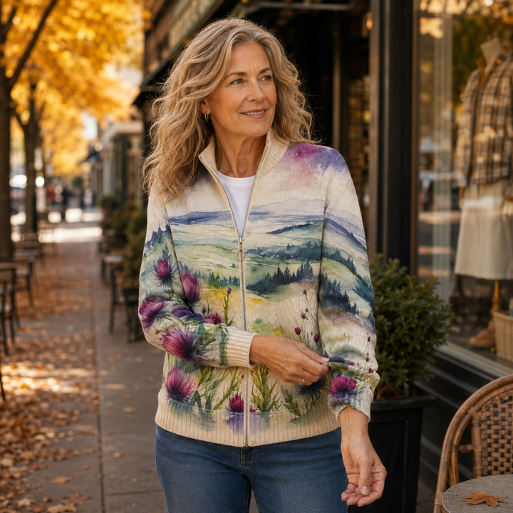 Avery - Thistle Landscape Zip-Up Cardigan