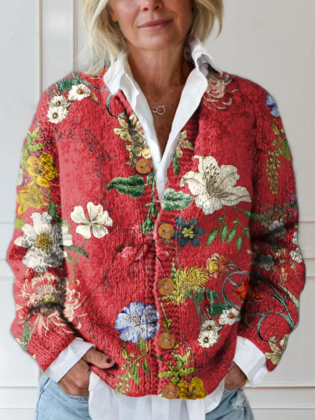 Floral Artwork Vintage Cardigan with Button Details