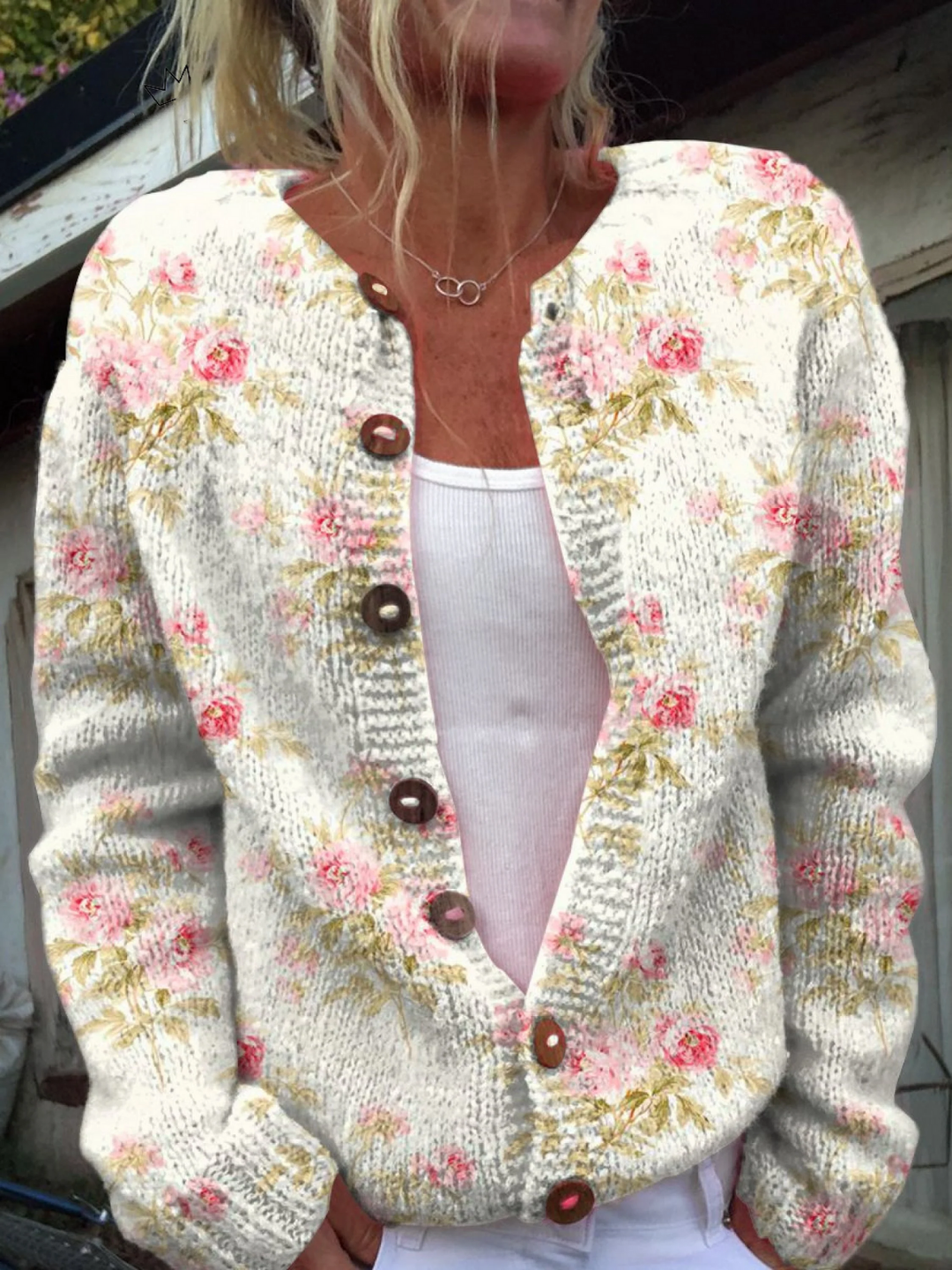 Floral and Leaf Print Cardigan with Button Details