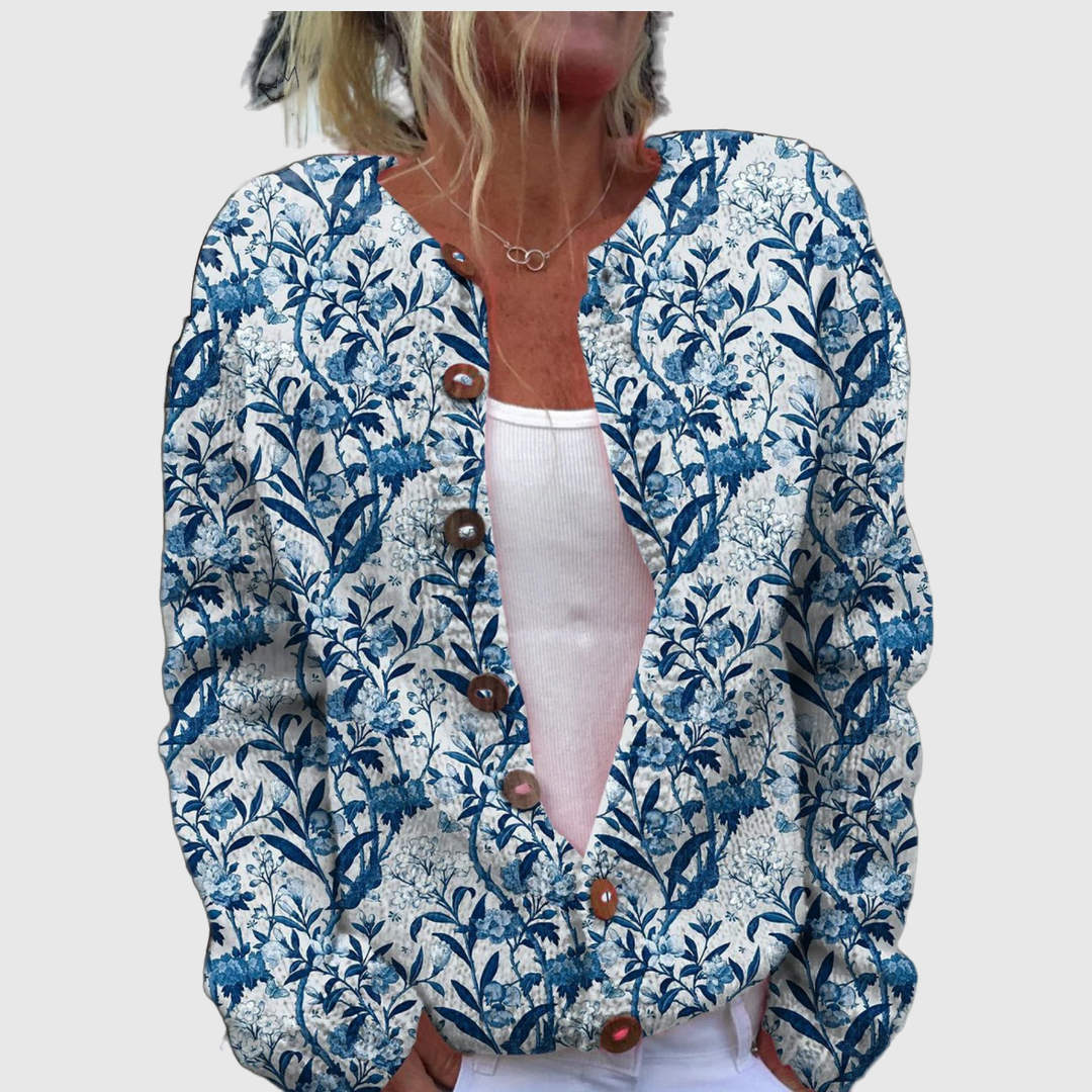 Karin | Cardigan with Blue Leaf Pattern