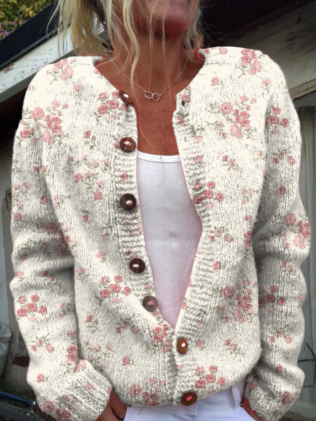 Pink Rose Print Cardigan with Button Details