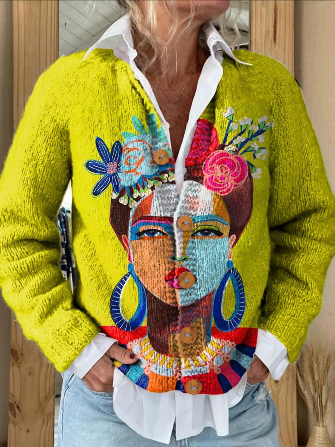 Artistic Portrait Print Cardigan with Button Details
