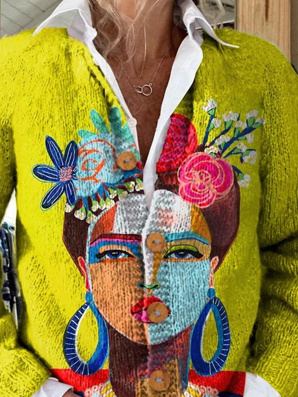 Artistic Portrait Print Cardigan with Button Details
