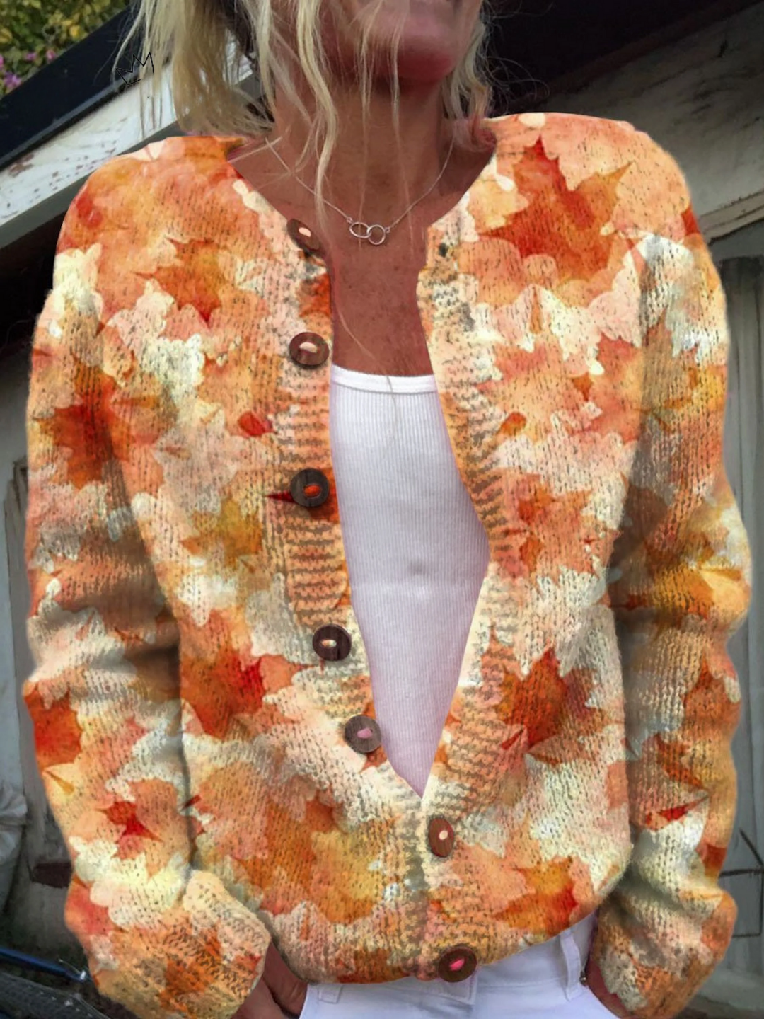Maple Leaf Print Autumn Cardigan with Button Details