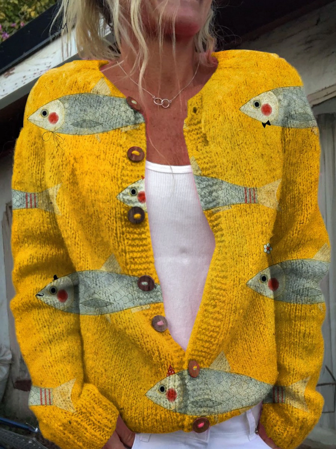 Retro Fish and Sardine Print Cardigan with Decorative Buttons