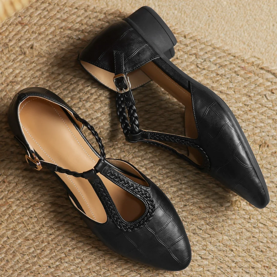 Greta – Timeless Leather T-Bar Shoes Featuring Braided Accents