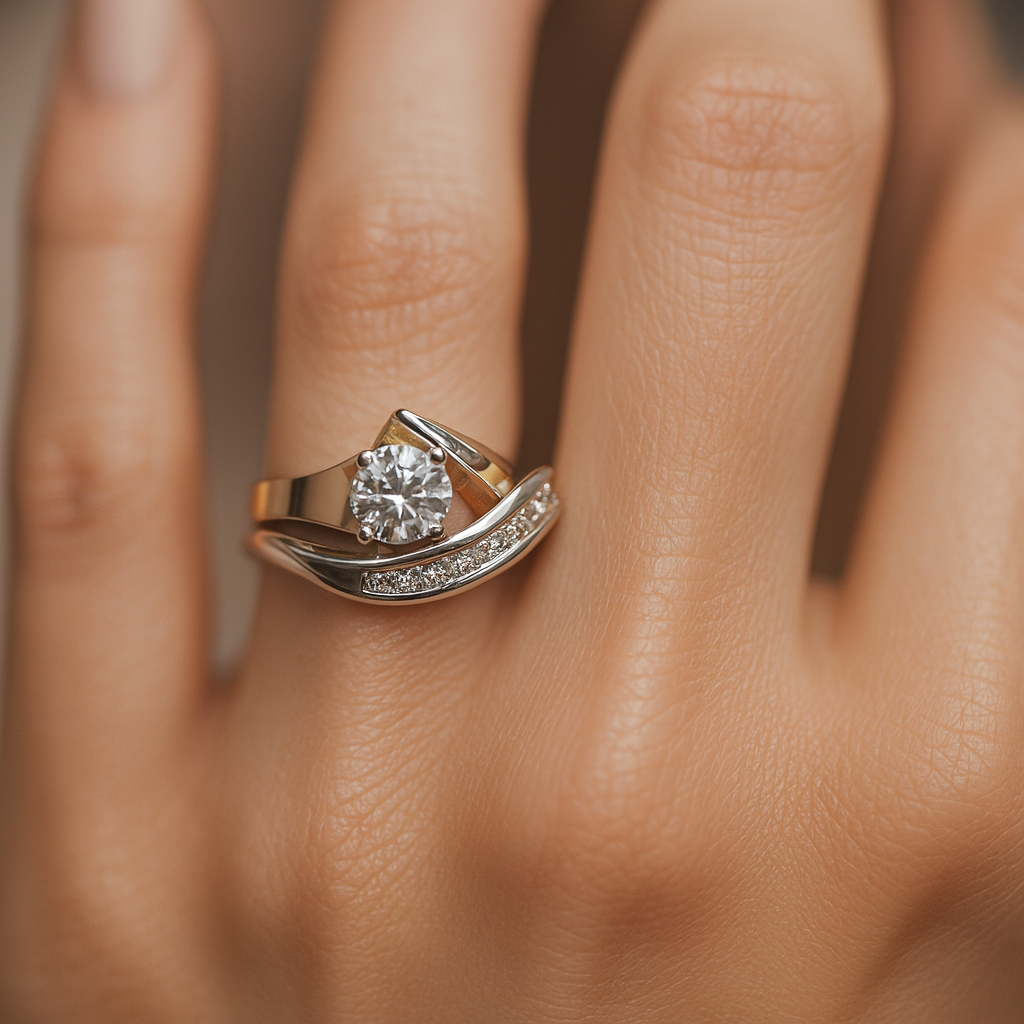Carla – Vintage Asymmetrical Ring in Gold and Silver with Zircon Accents