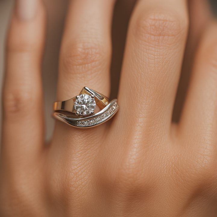 Carla – Vintage Asymmetrical Ring in Gold and Silver with Zircon Accents