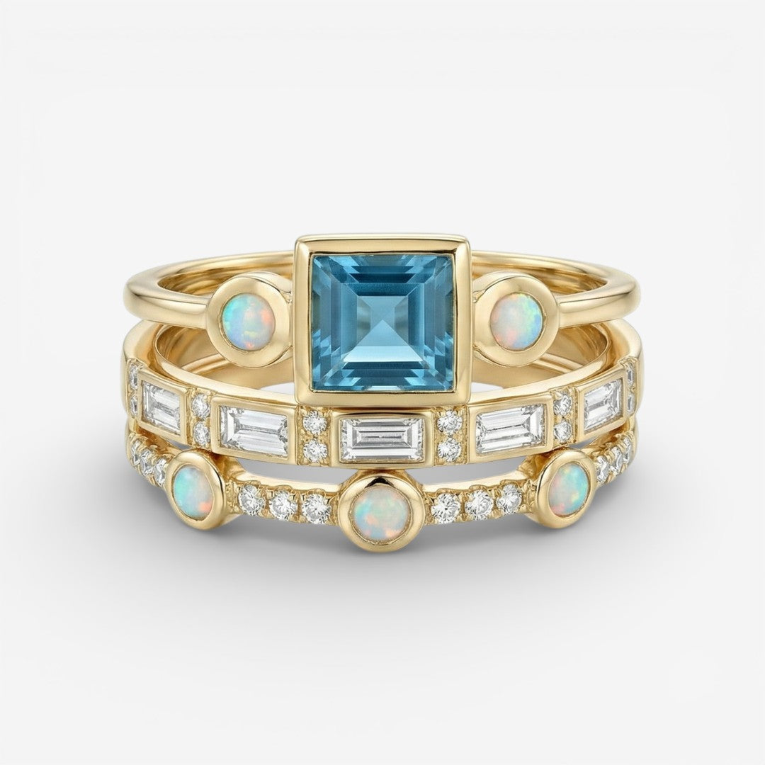 Vintage Blue Crystal Ring Set - Ocean Collection