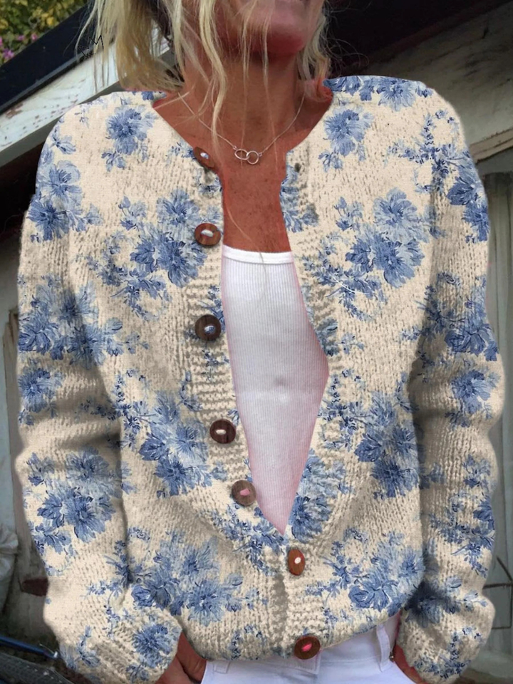 Floral Art Print Cardigan with Button Details