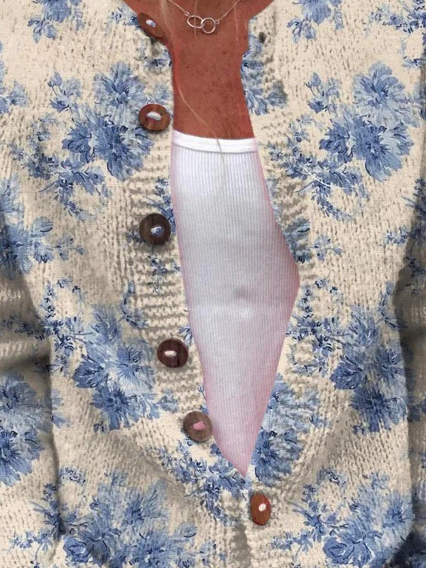 Floral Art Print Cardigan with Button Details