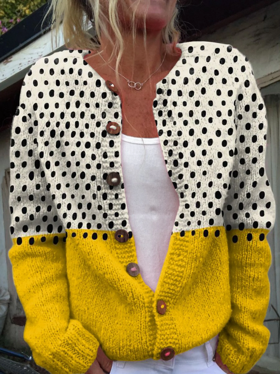 Printed Yellow Polka Dot Cardigan with Button Details