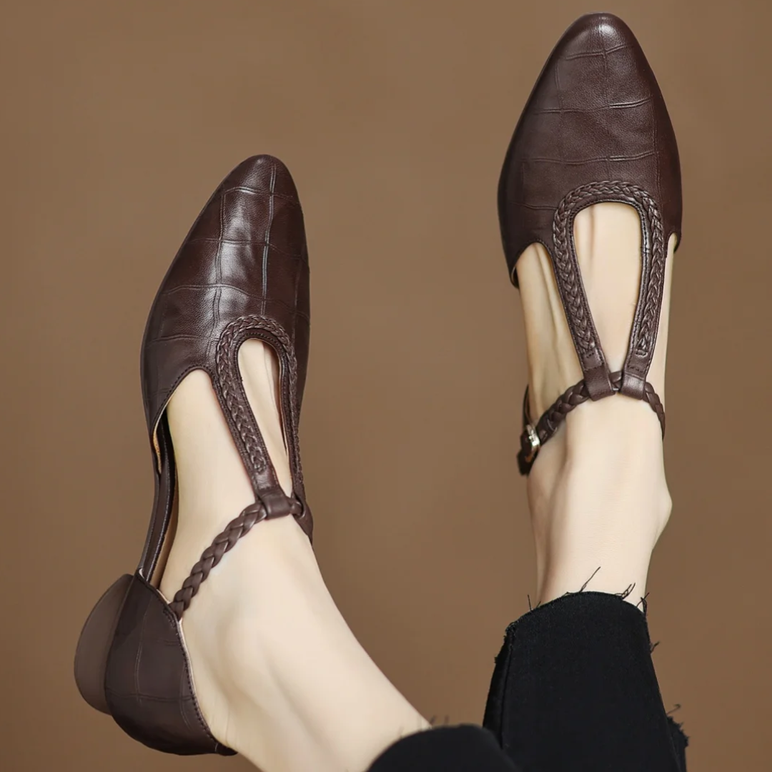 Greta – Timeless Leather T-Bar Shoes Featuring Braided Accents