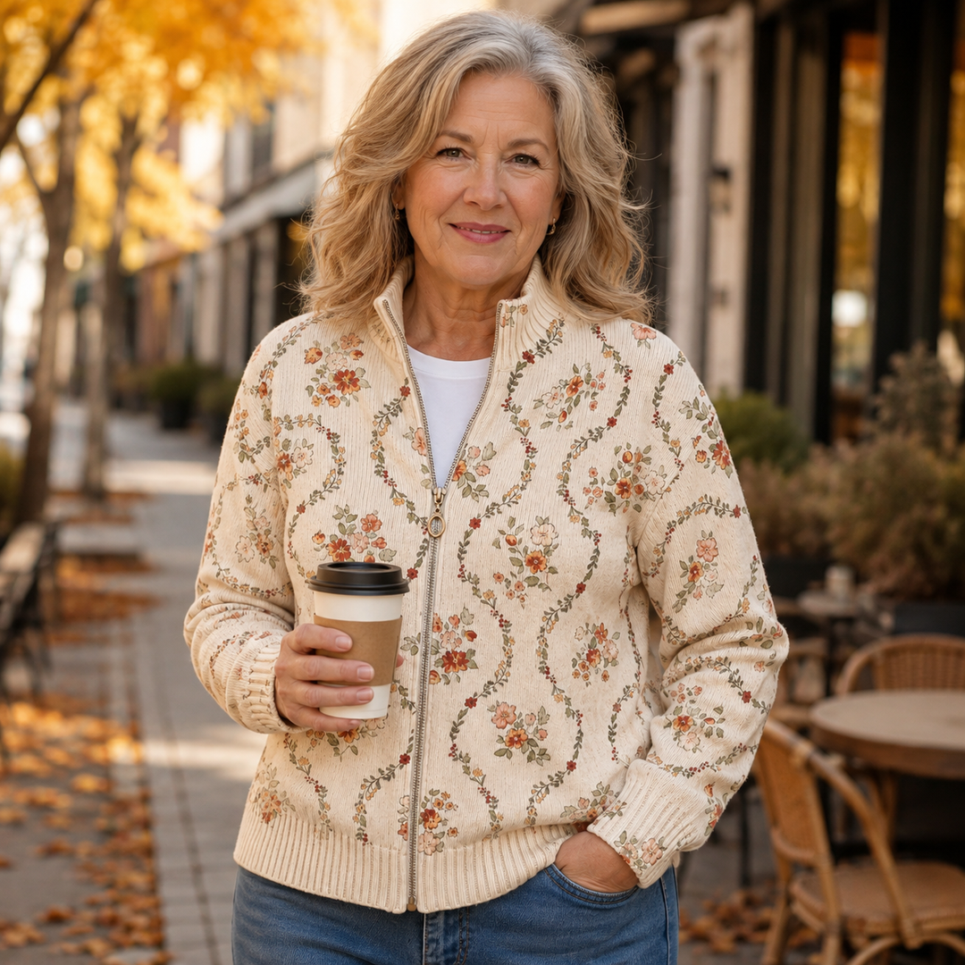 Danielle - Delicate Floral Print Zip-Up Cardigan