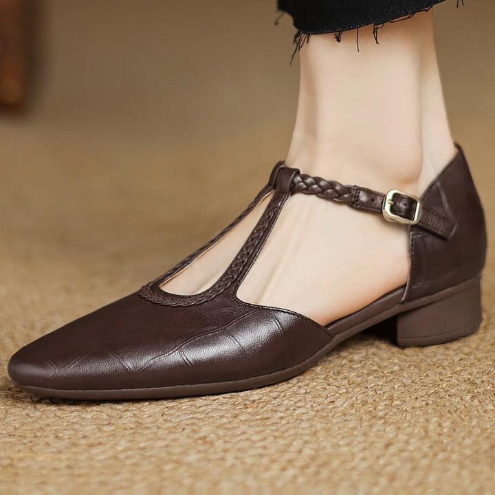 Greta – Timeless Leather T-Bar Shoes Featuring Braided Accents