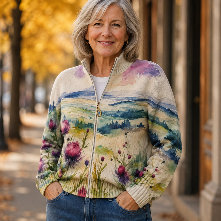 Avery - Thistle Landscape Zip-Up Cardigan