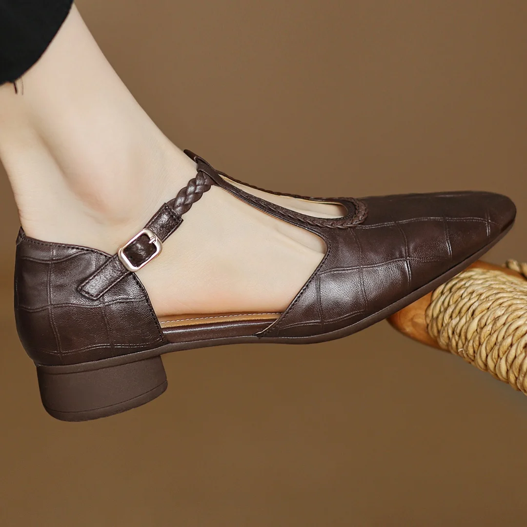 Greta – Timeless Leather T-Bar Shoes Featuring Braided Accents