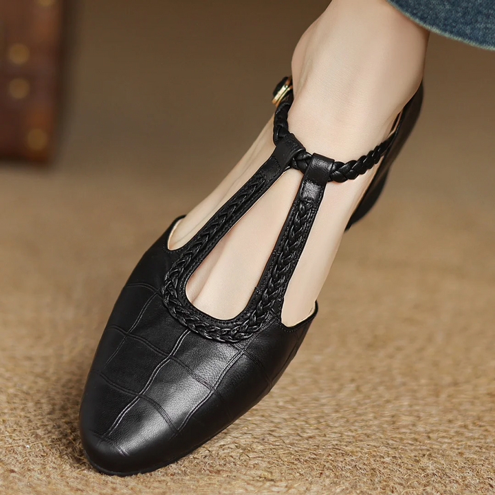 Greta – Timeless Leather T-Bar Shoes Featuring Braided Accents