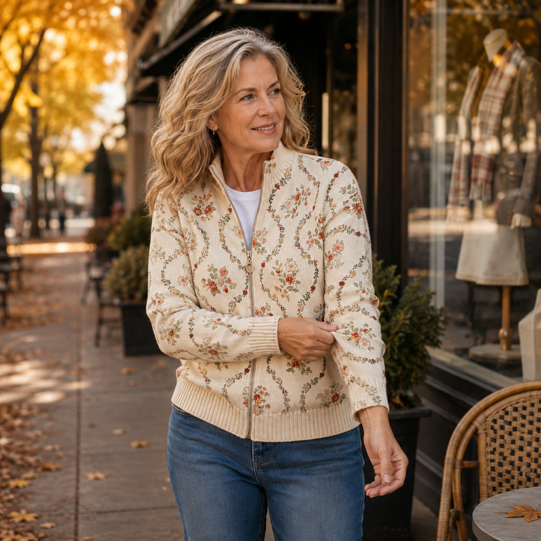 Danielle - Delicate Floral Print Zip-Up Cardigan