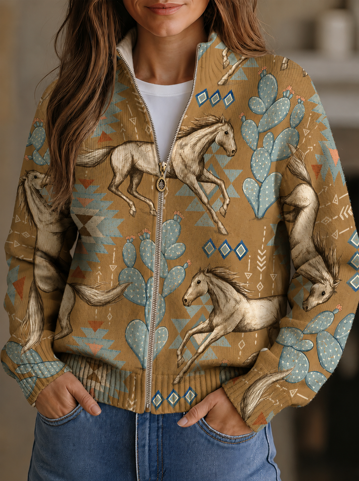 Kaitlyn - Cactus & Desert Horse Zip-Up Cardigan