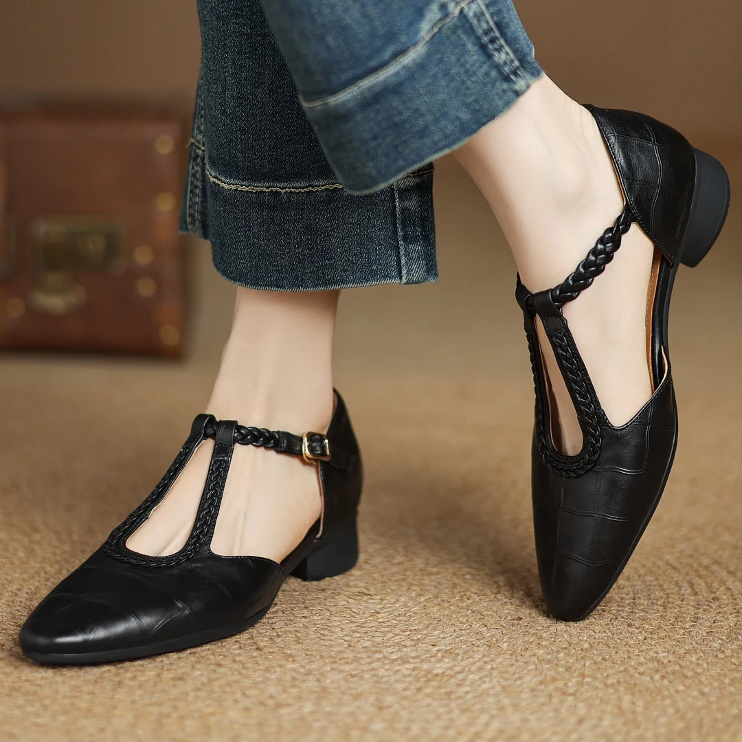 Greta – Timeless Leather T-Bar Shoes Featuring Braided Accents