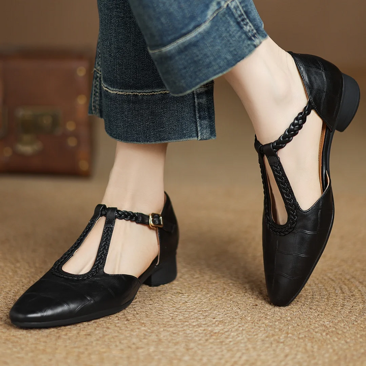 Greta – Timeless Leather T-Bar Shoes Featuring Braided Accents