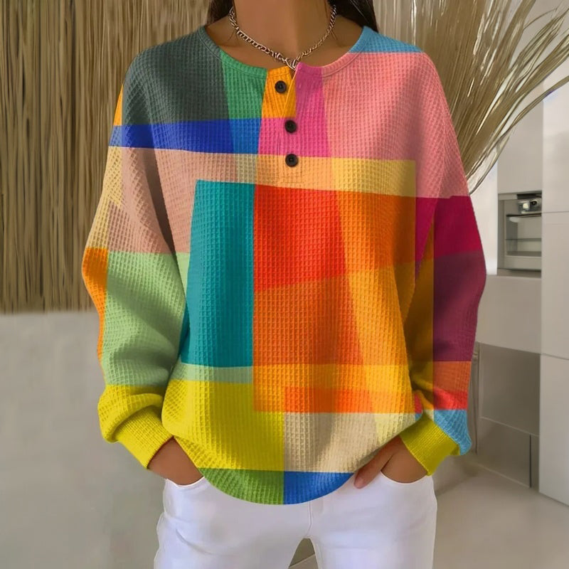 Mara Colourful Check Sweatshirt with Button Placket