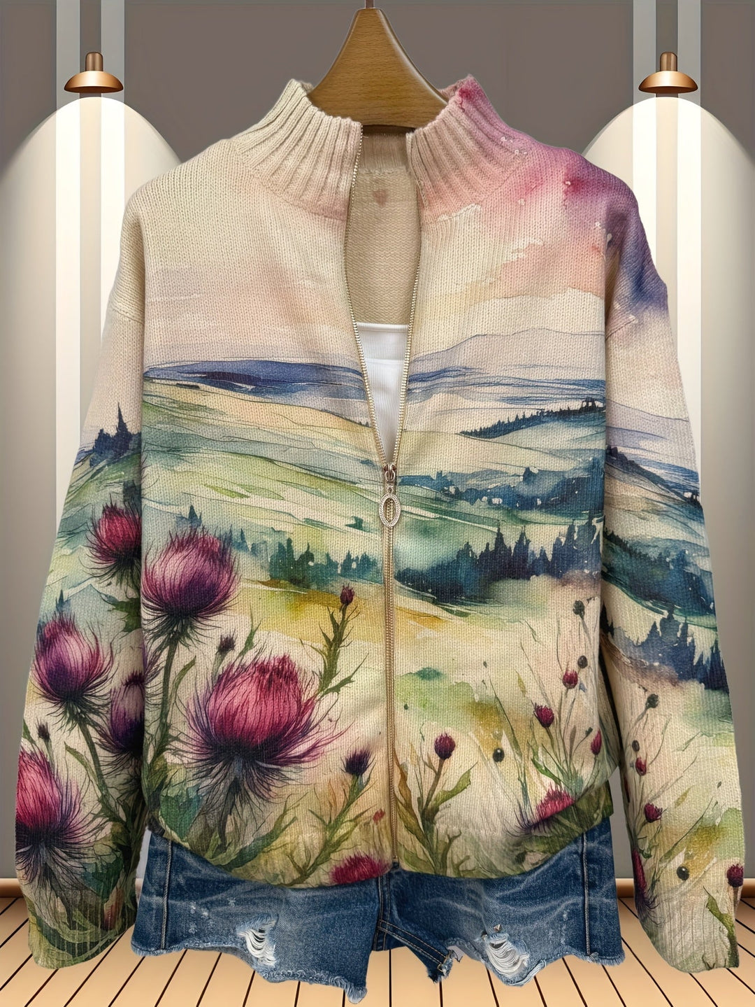 Avery - Thistle Landscape Zip-Up Cardigan