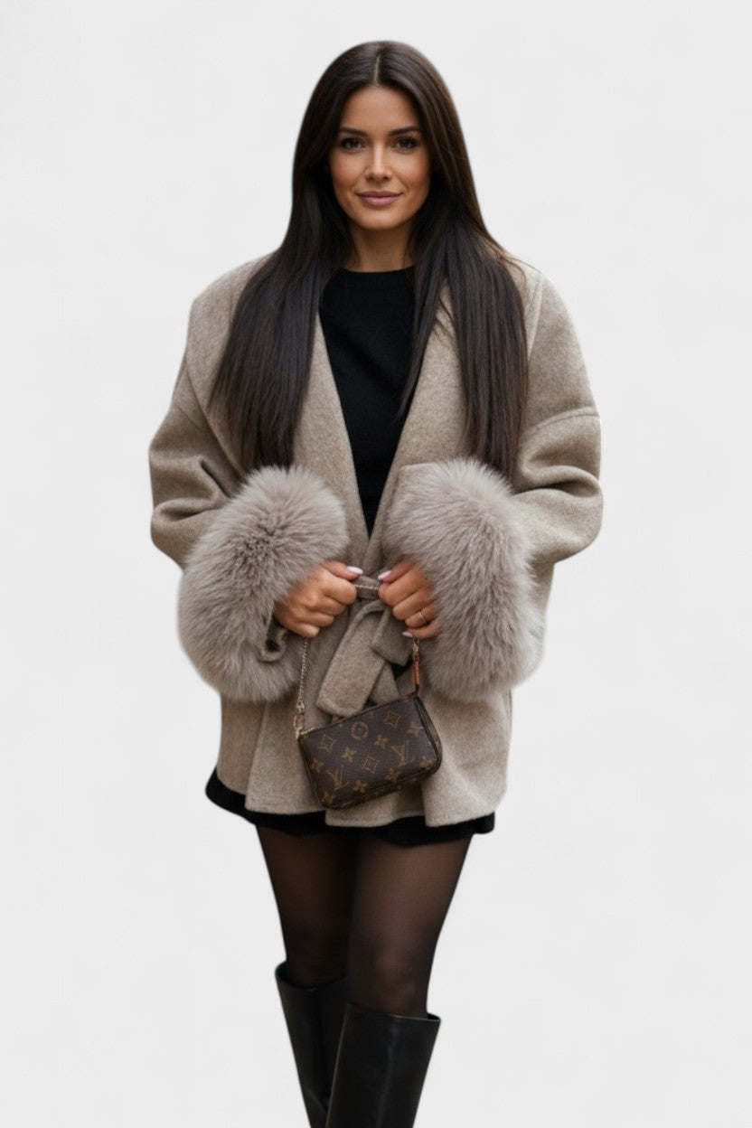 Dinah | Ivory Belted Coat with Faux-Fur Cuffs