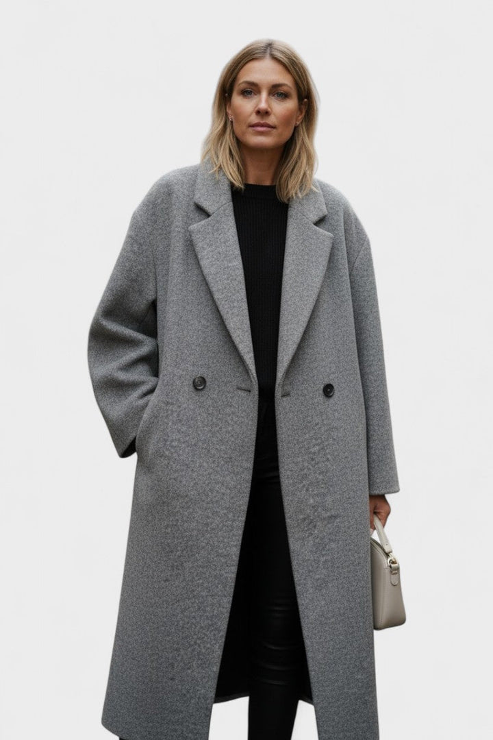 Dilys | Grey Double-Breasted Long Coat