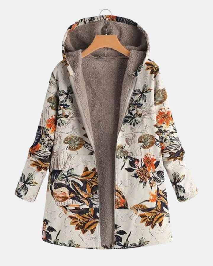 Elena – Floral Patterned Boho-Sherpa Hooded Coat