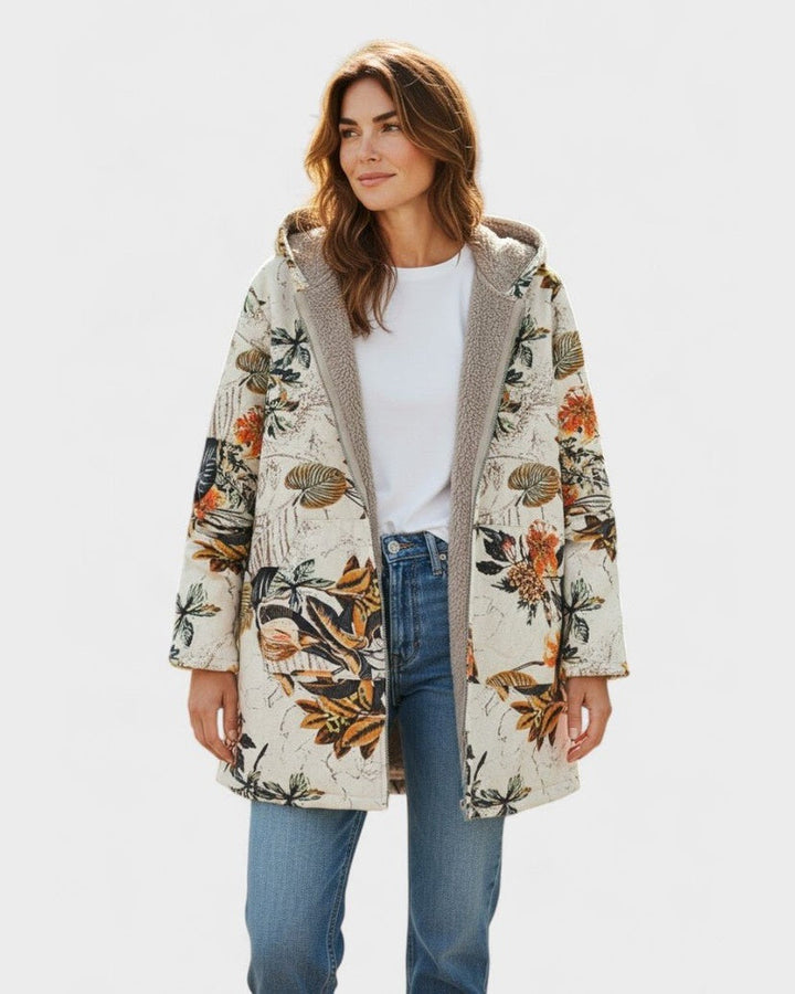 Elena – Floral Patterned Boho-Sherpa Hooded Coat