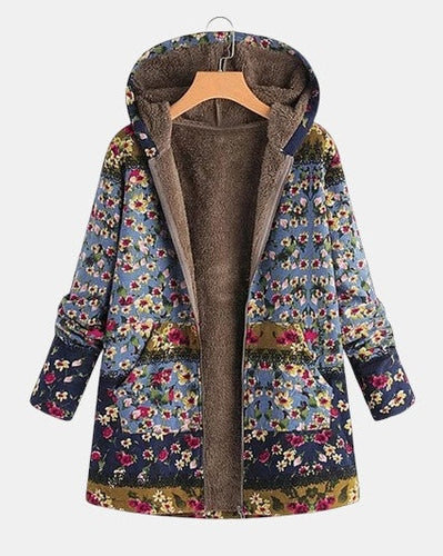 Elena – Floral Patterned Boho-Sherpa Hooded Sweatshirt