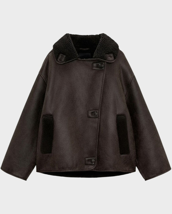 Isabelle | Brown Shearling-Look Aviator Jacket