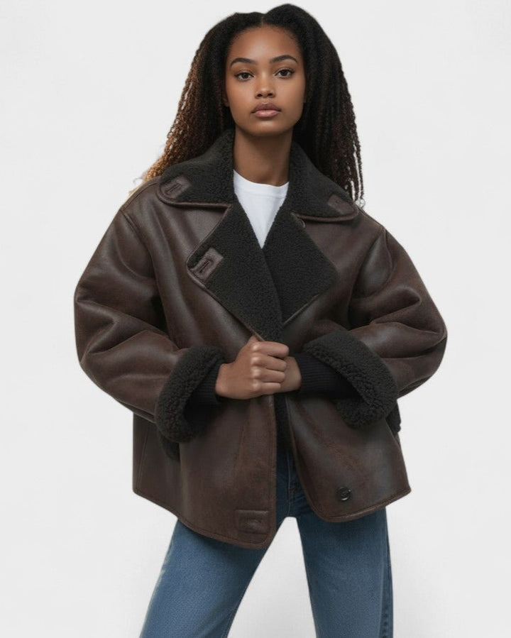 Isabelle | Brown Shearling-Look Aviator Jacket