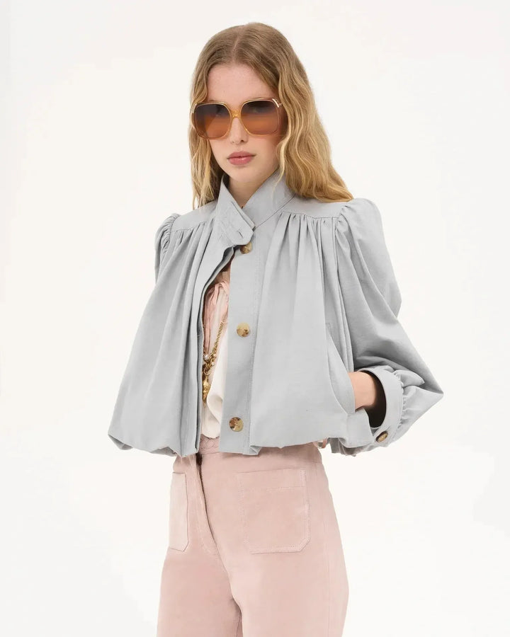 Catrin | Beige Puff-Sleeve Bomber Jacket