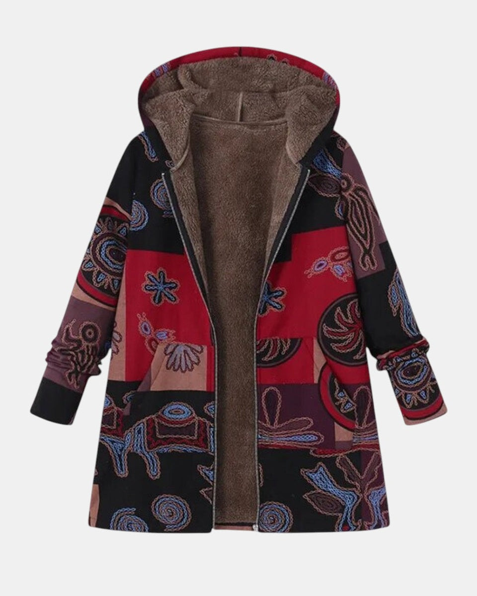Marina – Bohemian Patchwork Hooded Coat with Artistic Design