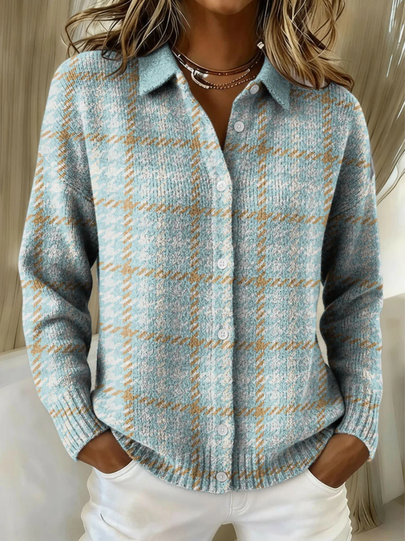 Clara | Sky Blue Checkered Button-Up Cardigan