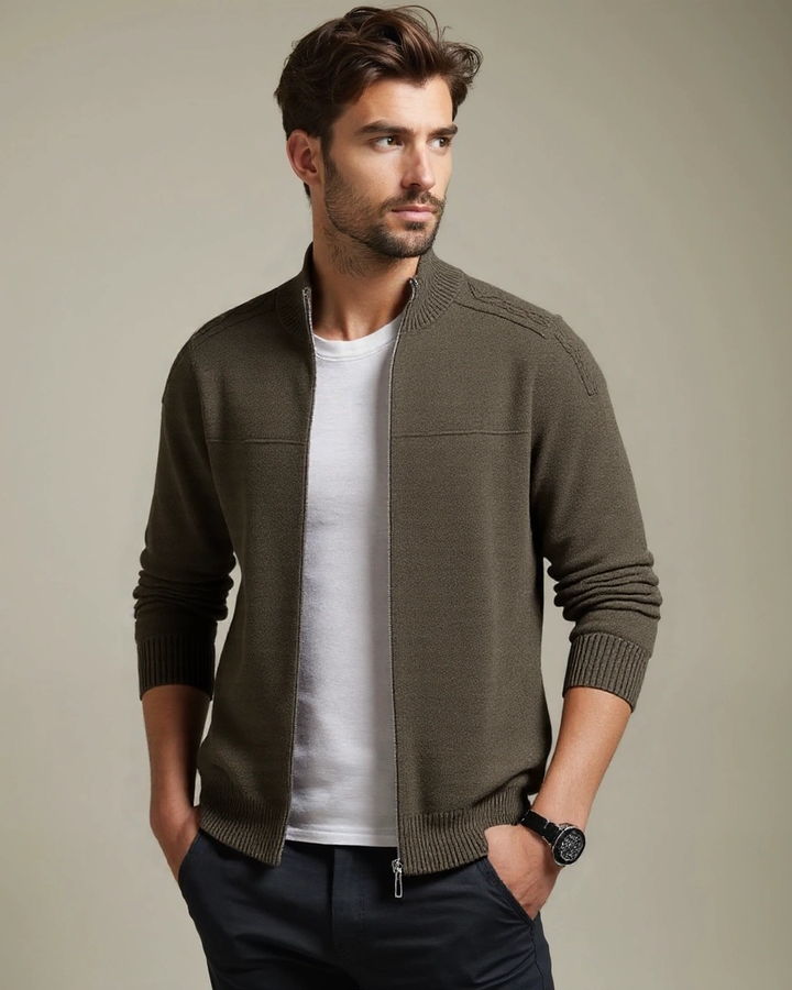 Oscar | Olive Zip-Front Knit Cardigan