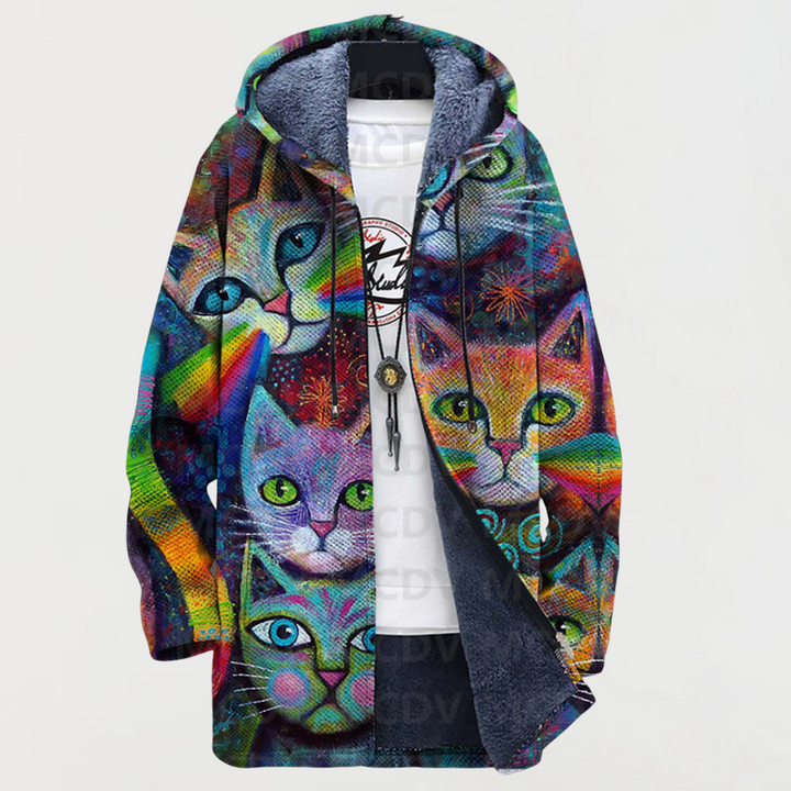 Ella – Cat Motif Hooded Sweatshirt with Rainbow Design
