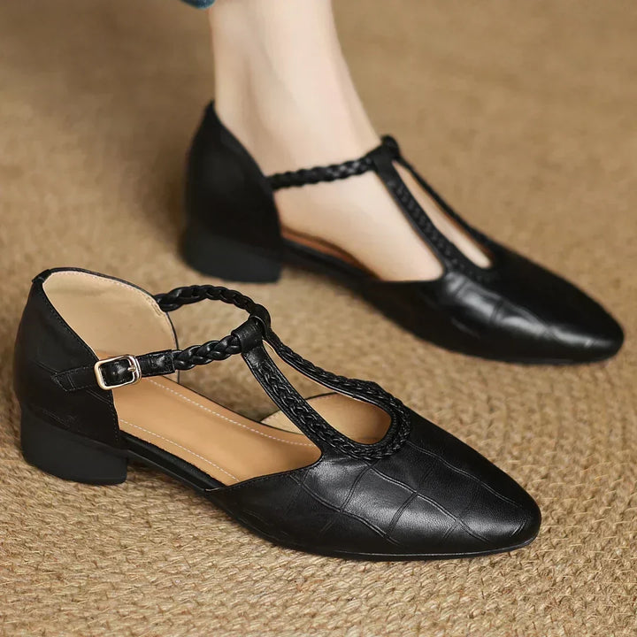Greta – Timeless Leather T-Bar Shoes Featuring Braided Accents