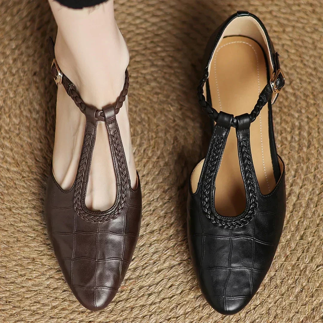 Greta – Timeless Leather T-Bar Shoes Featuring Braided Accents