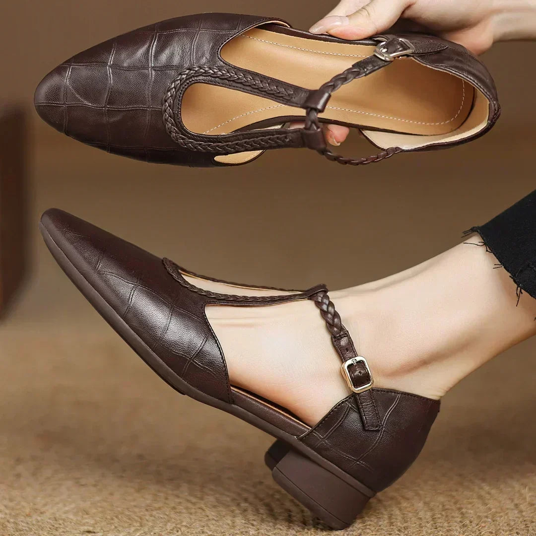 Greta – Timeless Leather T-Bar Shoes Featuring Braided Accents