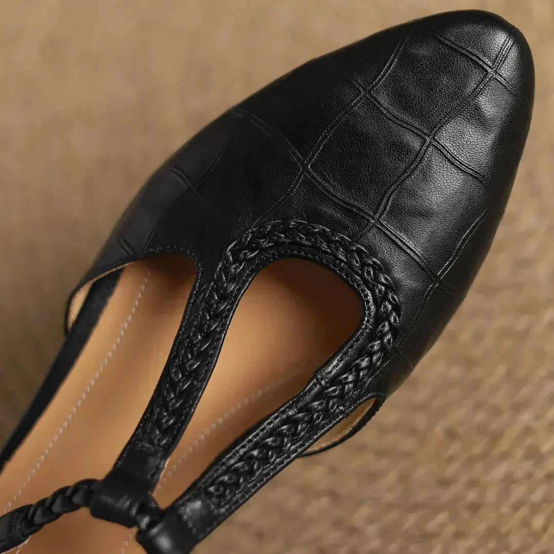 Greta – Timeless Leather T-Bar Shoes Featuring Braided Accents