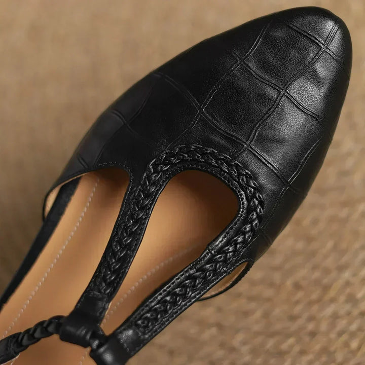 Greta – Timeless Leather T-Bar Shoes Featuring Braided Accents