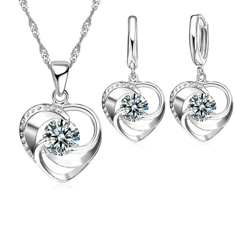 Heart-Shaped Necklace and Earring Set in Sterling Silver