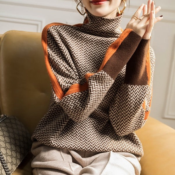 Famke | Stylish Chevron Pattern Roll Neck Sweater