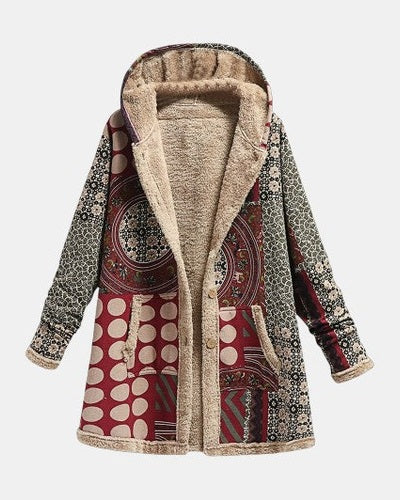 Scarlet – Bordeaux Red Geometric Pattern Sherpa Coat