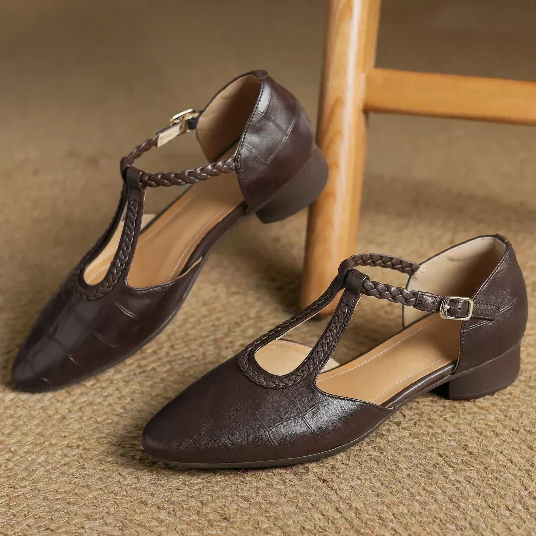 Greta – Timeless Leather T-Bar Shoes Featuring Braided Accents