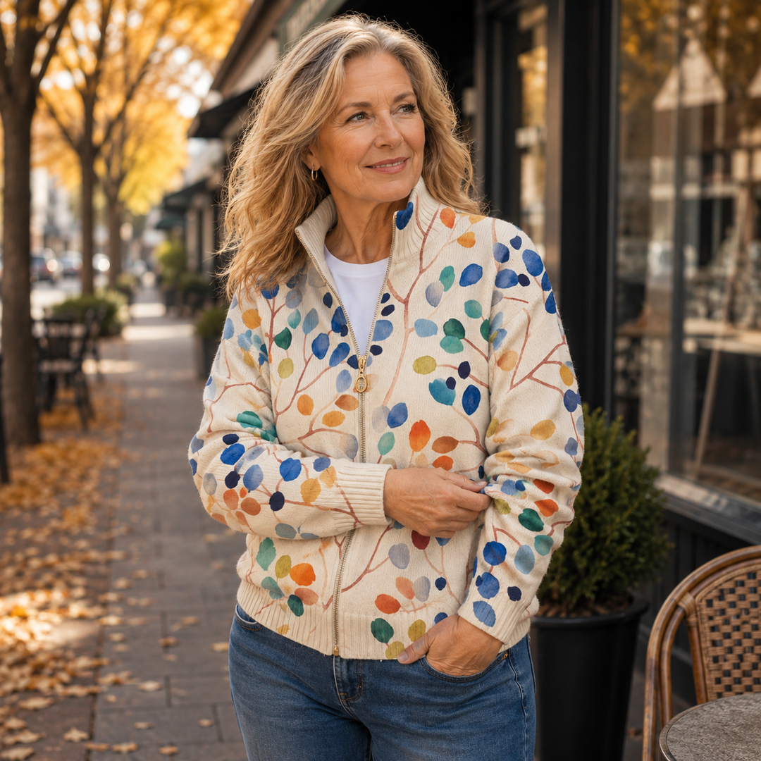 Fiona - Botanical Print Zip-Up Cardigan